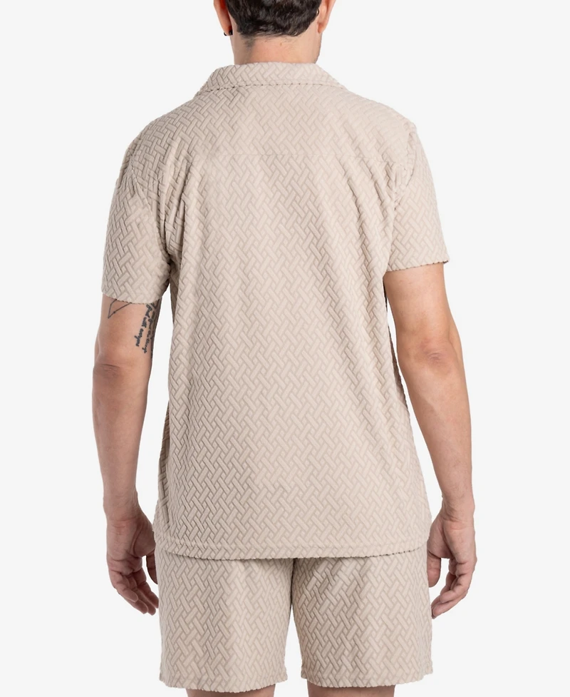 Spring + Mercer Men's Casual Textured Camp Collar Short Sleeve Button-Up Shirt