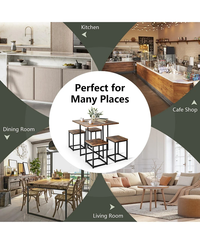 5 Pieces Metal Frame Dining Set with Compact Table and 4 Stools -Walnut