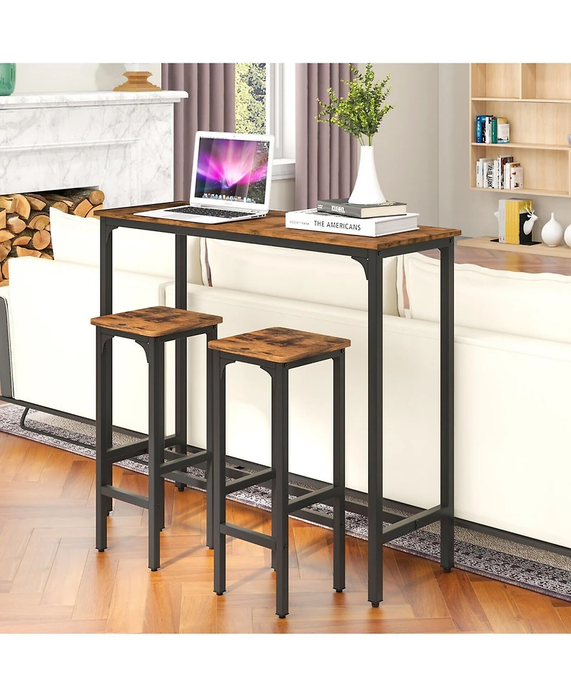 Sugift 3 Pieces Industrial Bar Table and Chairs Set with Metal Frame-Rustic Brown
