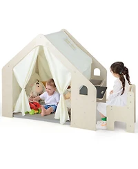 Montessori Style Indoor Playhouse with Storage Bin and Floor Mat for Toddlers Aged 2-6 Years Old-Beige