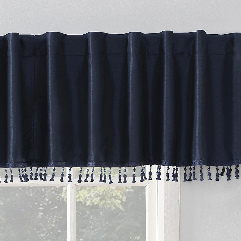 Evelina Faux Dupioni Silk Beaded Tassels Thermal Extreme 100% Blackout Back Tab Curtain Valance