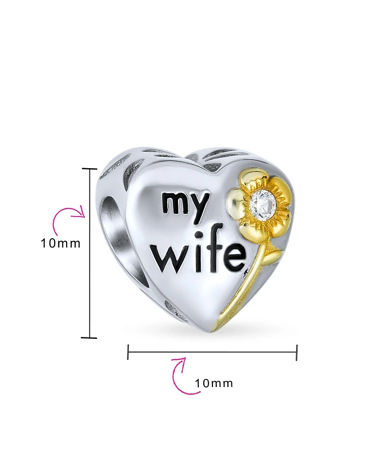 Bling Jewelry Flower Daisy Cz Accent Heart Shape Word Words My Wife Charm Bead Two Tone Gold Plated Sterling Silver Fit European Bracelet