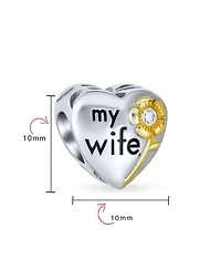 Bling Jewelry Flower Daisy Cz Accent Heart Shape Word Words My Wife Charm Bead Two Tone Gold Plated Sterling Silver Fit European Bracelet