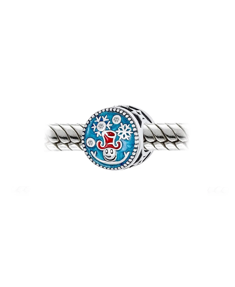 Bling Jewelry Frozen Winter Holiday Party Christmas Round Red Hat Bead Blue Enamel Snowflake Charm Sterling Silver For European Bracelet