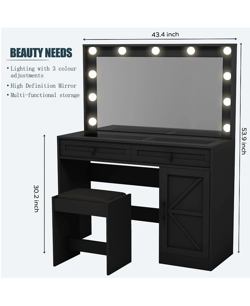 Streamdale Vanity Table with Large Mirror, Led Lights, and 3 Drawers