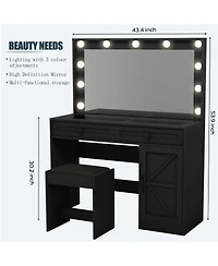 Streamdale Vanity Table with Large Mirror, Led Lights, and 3 Drawers