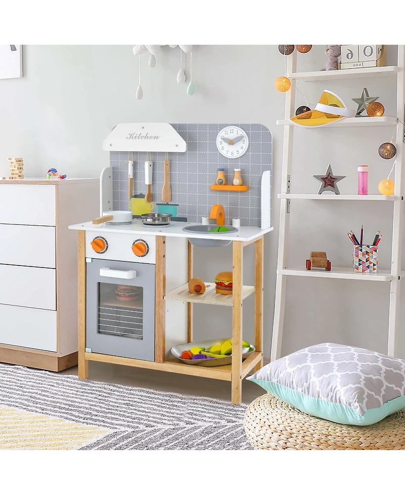 Costway Wooden Kid's Play Kitchen Set Pretend Chef Cooking Toy with Cookware Accessories