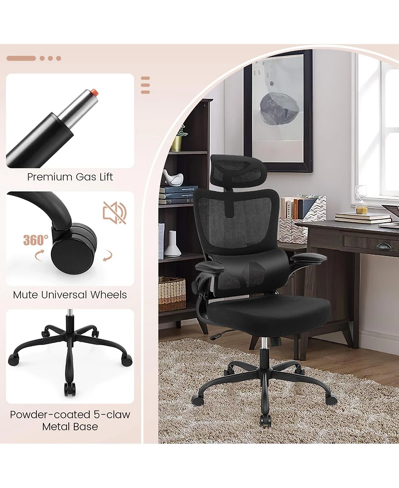 Mesh Office Chair with Adaptive Lumbar Support Flip-up Padded Armrests Headrest