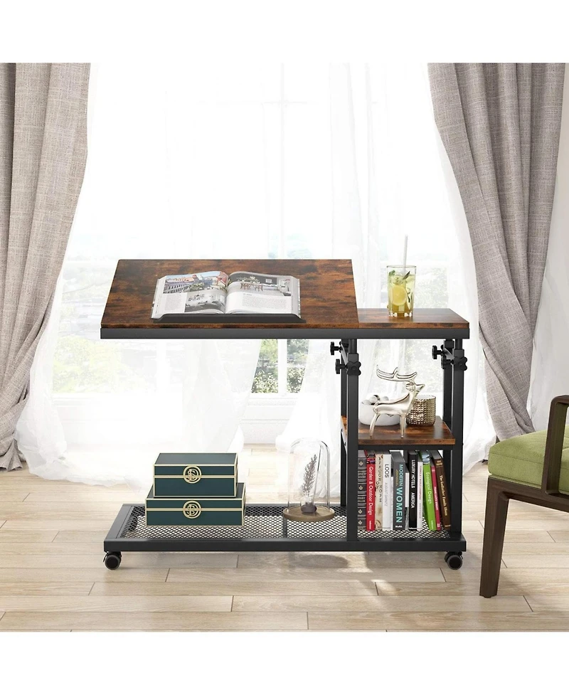 Tribesigns Height Adjustable C Table with Wheels, Mobile Couch Snack Side Table with Tiltable Drawing Board, Sofa Bedside Laptop Stand C Shaped Tv Tra