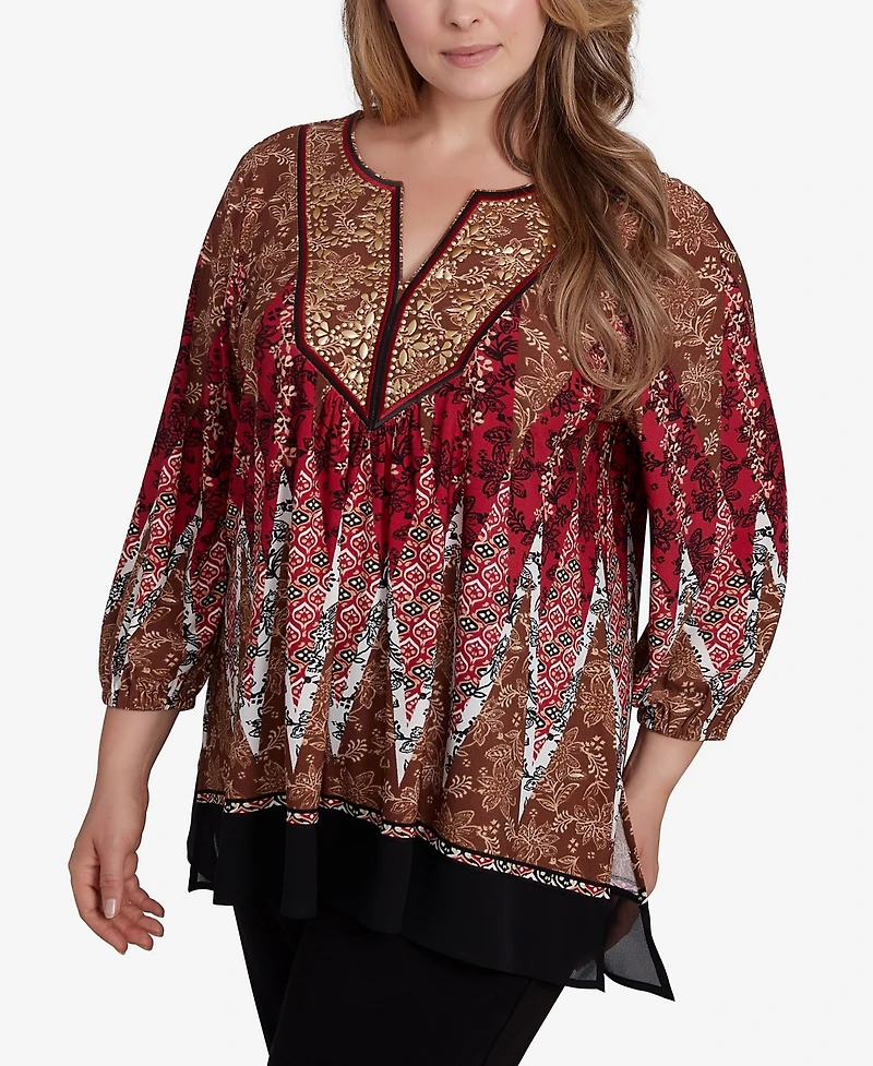 Ruby Rd. Plus Size Embellished Placket Decorative Border Print Knit Top