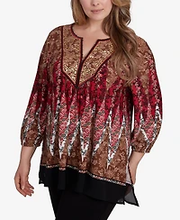 Ruby Rd. Plus Size Embellished Placket Decorative Border Print Knit Top