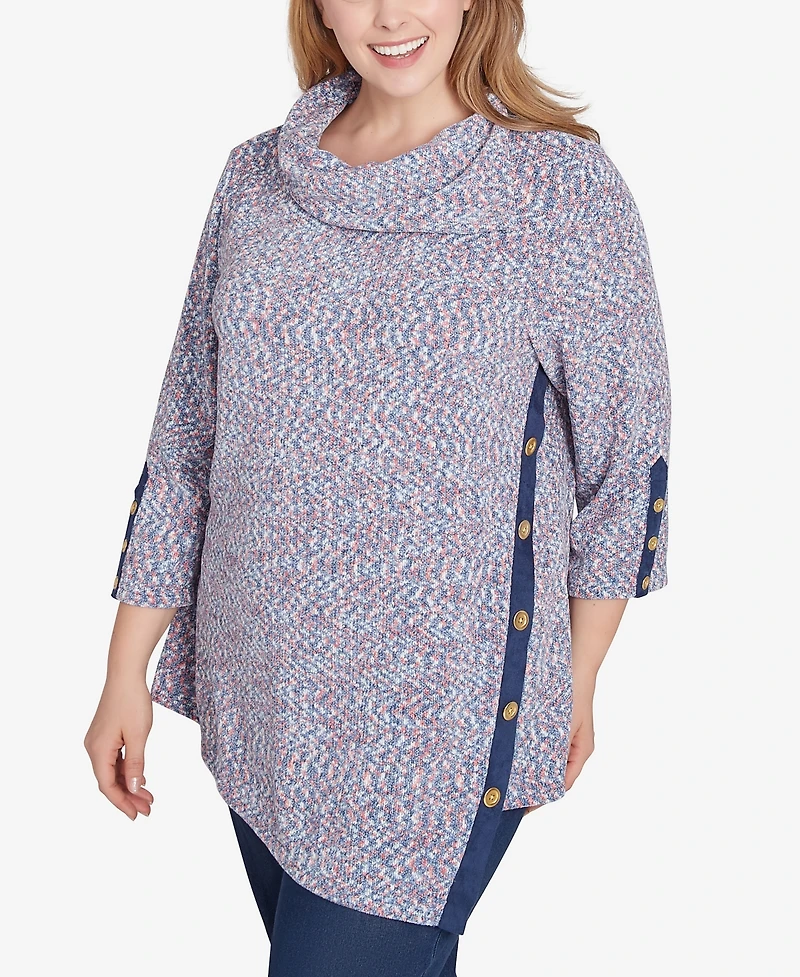 Ruby Rd. Plus Size Split Cowl Neck Speckled Chenille Asymmetric Knit Top
