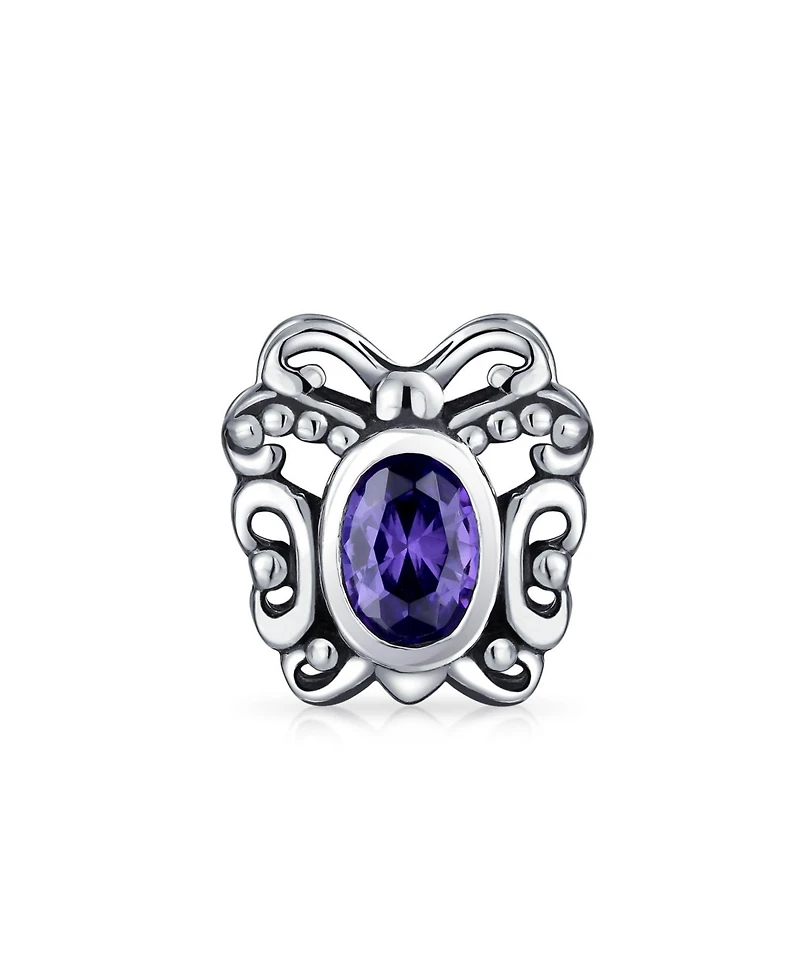 Bling Jewelry Purple Butterfly Cubic Zirconia Bead Purple Cz Charm Oxidized Sterling Silver European Bracelet