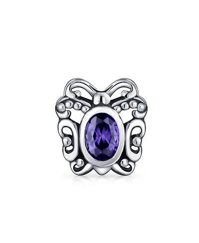 Bling Jewelry Purple Butterfly Cubic Zirconia Bead Purple Cz Charm Oxidized Sterling Silver European Bracelet