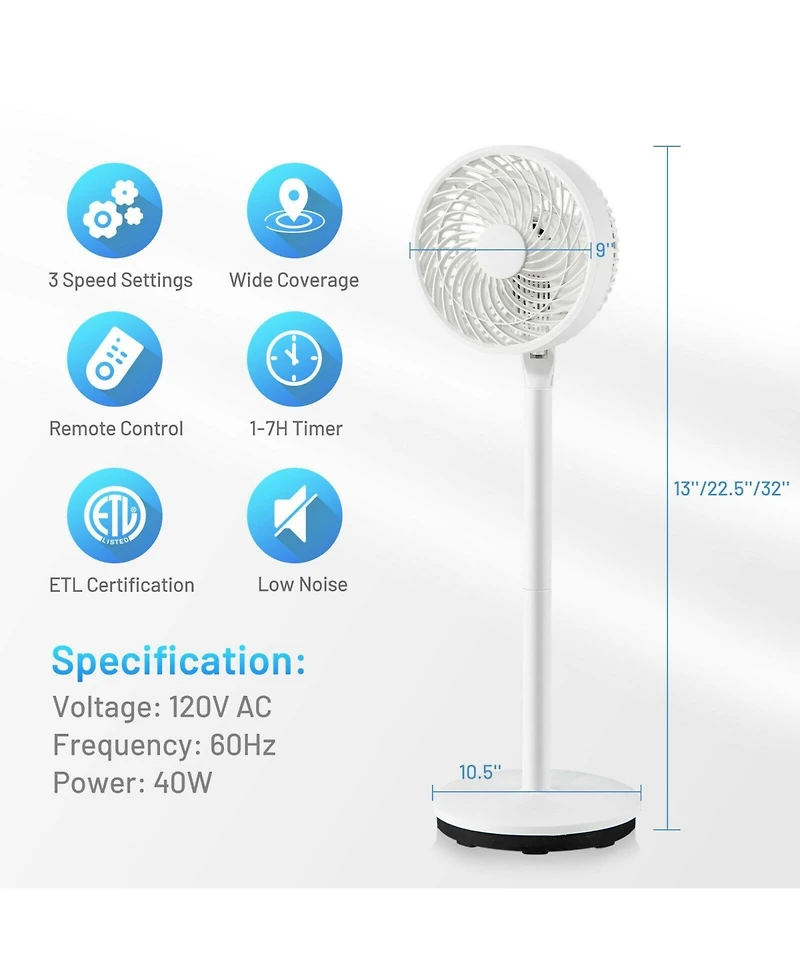 Skonyon 9 Inch Portable Oscillating Pedestal Floor Fan with Adjustable Heights and Speeds-White
