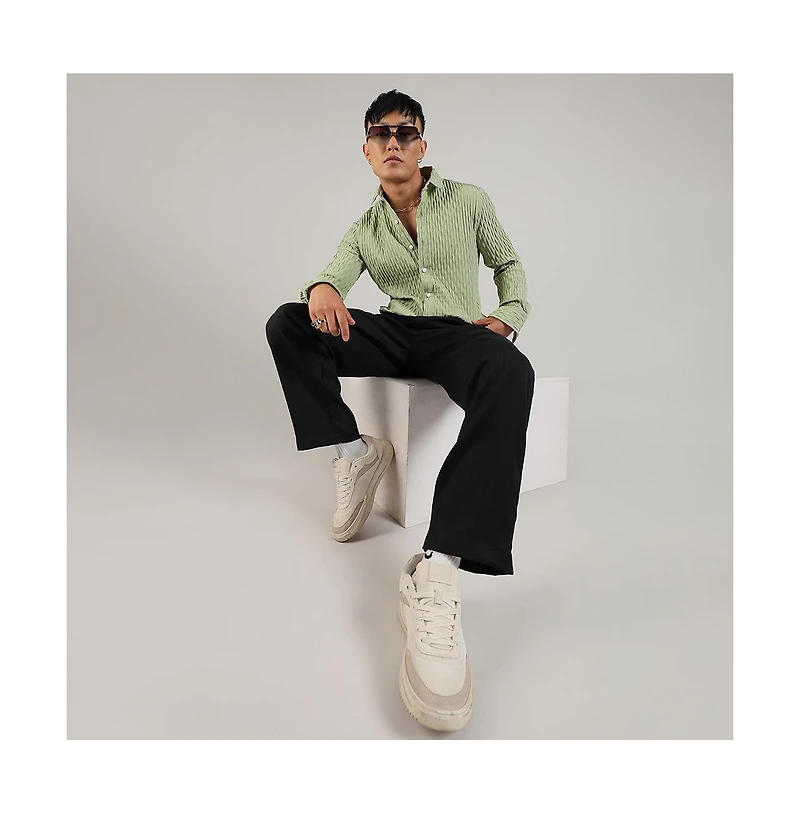 Men's Pistachio Green Crinkled-Weave Shirt