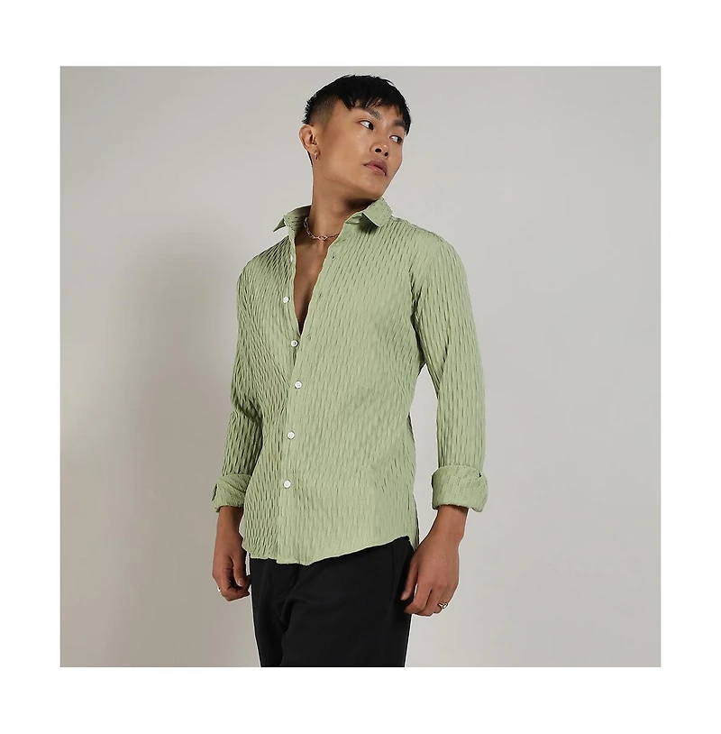 Men's Pistachio Green Crinkled-Weave Shirt