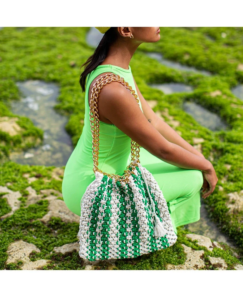 Rouen Colette Macrame Beach Bag In Green X Off-White