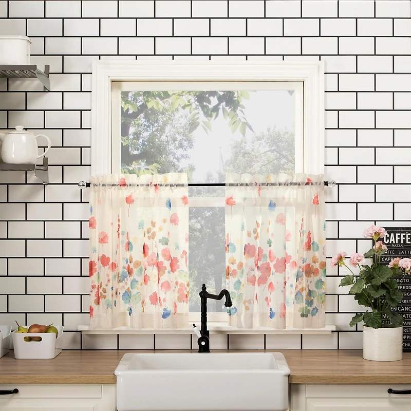 Rosalind Watercolor Floral Semi-Sheer Rod Pocket Kitchen Curtain Valance and Tiers Set