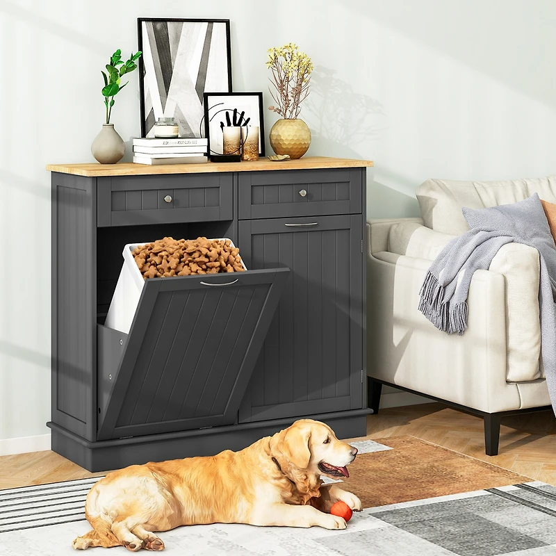 Wooden Kitchen Trash Cabinet Tilt Out Bin Holder with Drawer & Storage Shelf