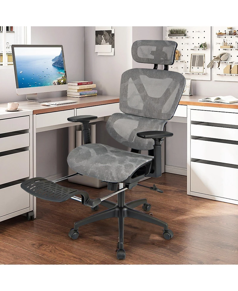 Vebreda Mesh Office Chair with Tilting Backrest and Retractable Footrest-Gray