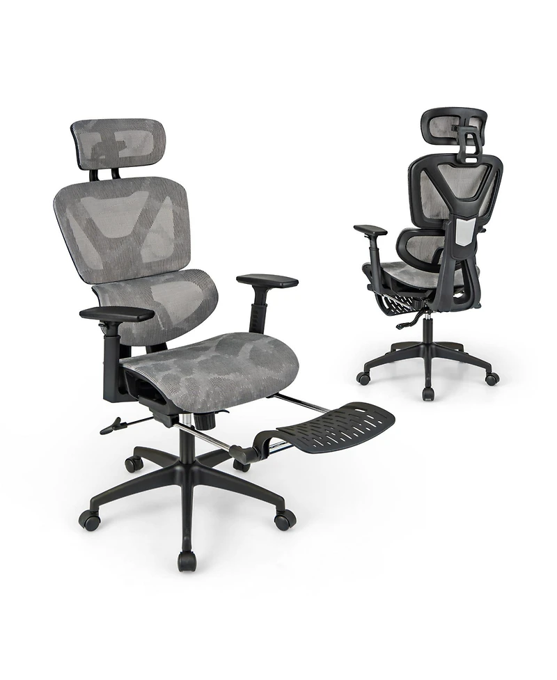 Vebreda Mesh Office Chair with Tilting Backrest and Retractable Footrest-Gray