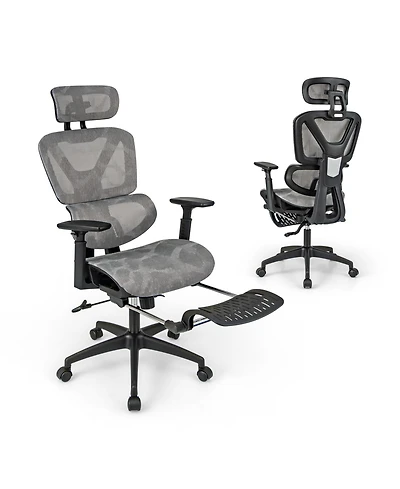 Vebreda Mesh Office Chair with Tilting Backrest and Retractable Footrest-Gray