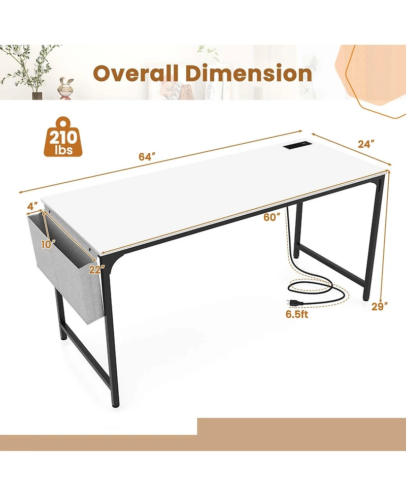 Costway 60" Modern Computer Desk with Charging Station with Storage Bag & Headphone Hook