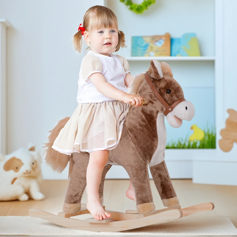 Qaba Kids Rocking Horse with Soft Plush Body & Wooden Base for Years 3+