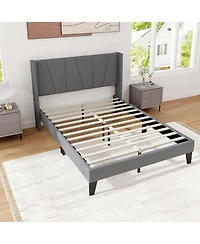 Gymax Full Size Upholstered Bed Frame w/ Elastic Pockets Mattress Foundation Gray