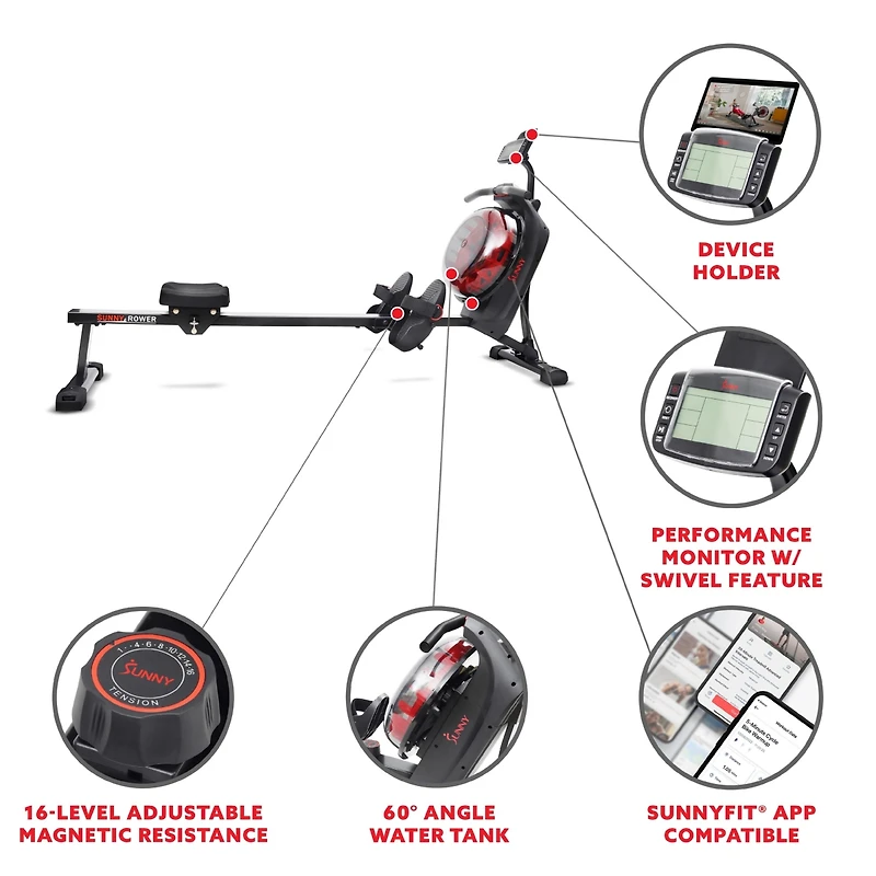 Sunny Health & Fitness Hydro + Dual Resistance Smart Magnetic Water Rowing Machine