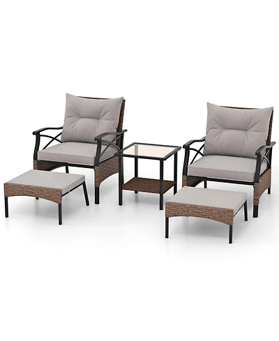 5 Pieces Wicker Patio Furniture Set Ottomans and Cushions and 2-Tier Tempered Glass Side Table-Brown