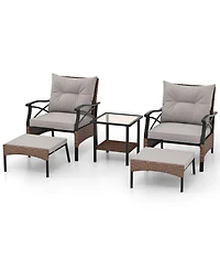 5 Pieces Wicker Patio Furniture Set Ottomans and Cushions and 2-Tier Tempered Glass Side Table-Brown