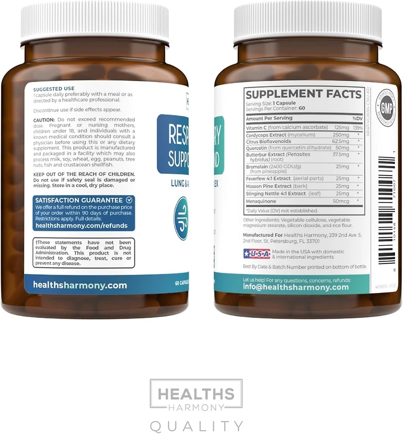 Respiratory Support Blend Capsules, Deep Lung Cleanse for Bronchial Health with Quercetin, Cordyceps, & Bromelain, Health's Harmony