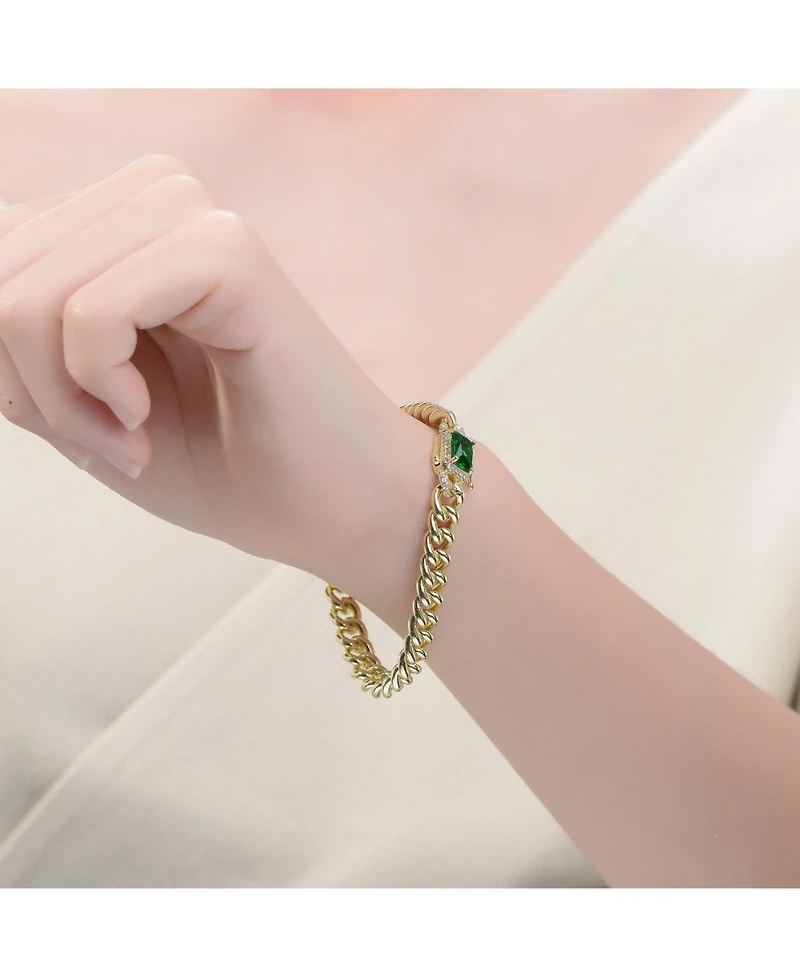 14k Gold Plated with Colored Cubic Zirconia Halo Cluster Curb Chain Bracelet
