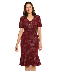 London Times Petite Twist-Waist Flounce-Hem Midi Dress