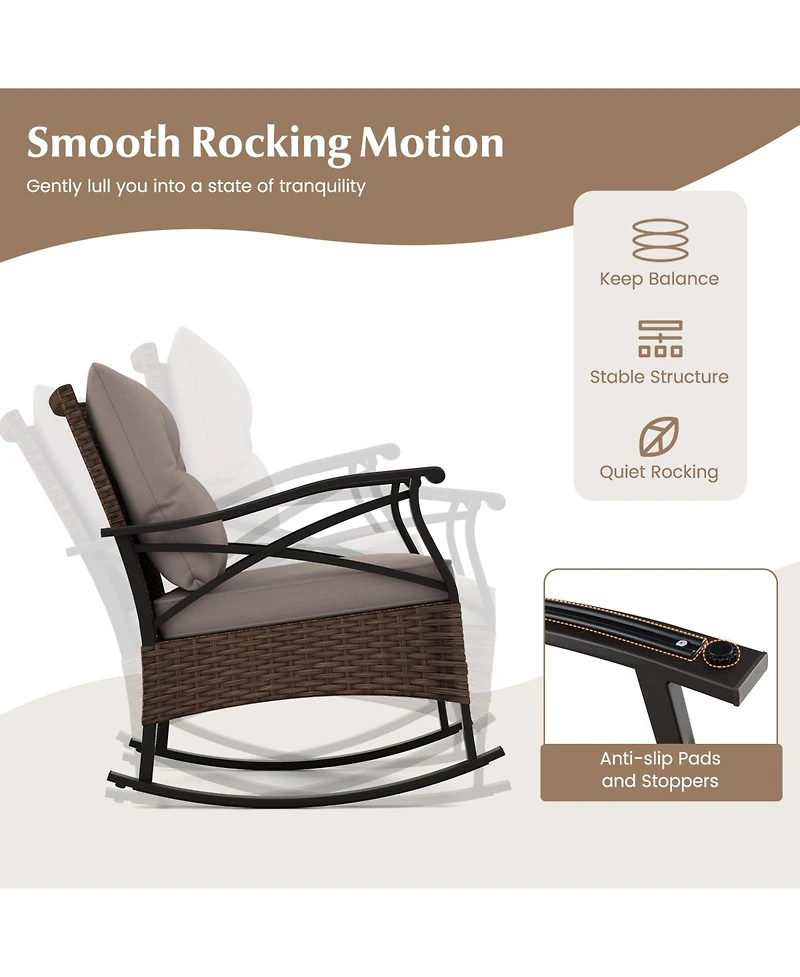 3 Pieces Outdoor Rattan Rocking Chairs Set with 2-Tier Side Table