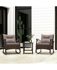 3 Pieces Outdoor Rattan Rocking Chairs Set with 2-Tier Side Table