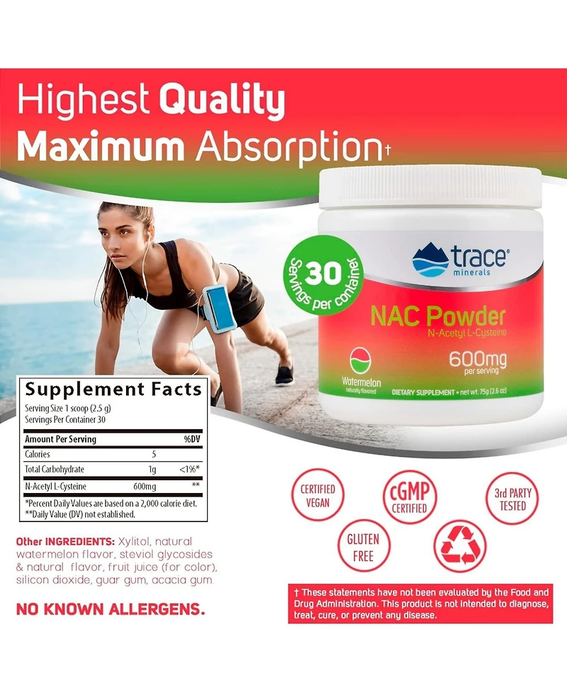 Trace Minerals Nac Powder with N-Acetyl L-Cysteine Amino Acids | 600 mg to Support Immune System and Normally Functioning Liver and Kidneys | Natural