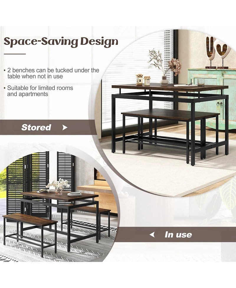 Vebreda 3 Pieces Dining Table Set with Wooden Kitchen Table and 2 Benches-Brown