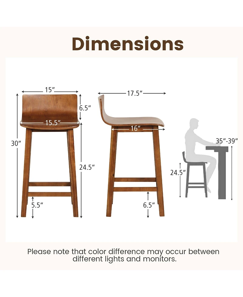 Sugift Wood Bar Stools Set of 2 with Solid Back and Seat