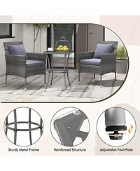3 Pieces Patio Furniture Set with Cushioned Patio Chairs and Tempered Glass Coffee Table-Gray