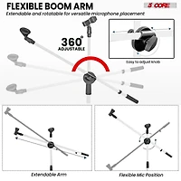 5 Core Mic Stand Collapsible Height Adjustable 31 to 59” Dual Metal Microphone Tripod Stand w Boom Arm Stand Para Microfono for Singing, Karaok