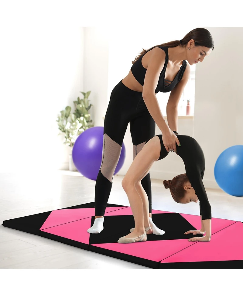 8 Feet Pu Leather Folding Gymnastics Mat with Hook and Loop Fasteners-Heart Pink