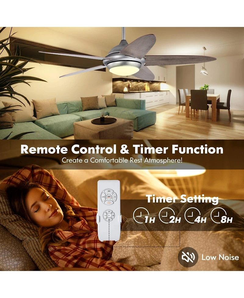 52 Inch Ceiling Fan with Lights and 3 Lighting Colors-Silver Gray