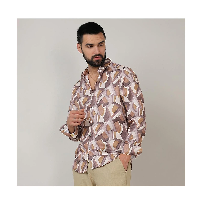 Men's Pale Yellow & Mocha Brown Abstract Block Shirt