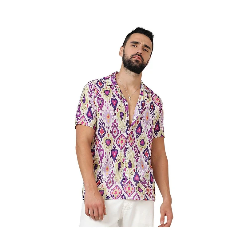 Campus Sutra Men's Lavender & Pear Yellow Ethnic Shirt