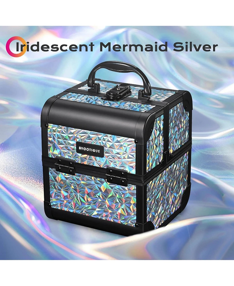 Byootique Makeup Train Case Cosmetic Organizer w/ Mirror Mermaid Silver Artist