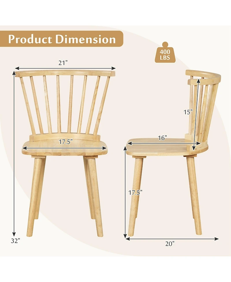Costway Rubber Wood Windsor Dining Chairs Set of 2 with Spindle Back for Living Room