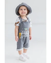 Starwars Baby Boys Star Wars Chewbacca R2-D2 Yoda French Terry Short Overalls T-Shirt and Hat 3 Piece Outfit Set Newborn to